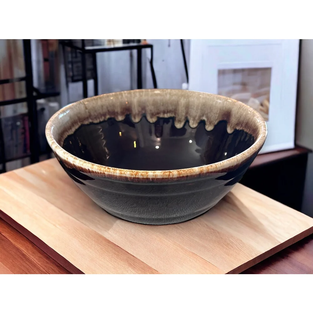 Pfaltzgraff 50s Gourmet Stoneware Mixing Bowl Brown Drip Glaze Rim 1950's BOHO